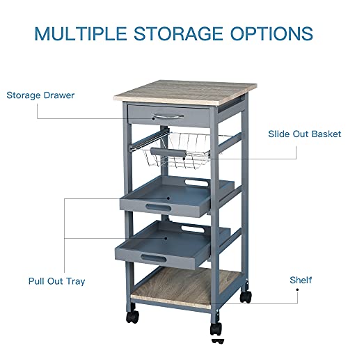 HOMCOM Mobile Rolling Kitchen Island Trolley Serving Cart with Underneath Drawer & Slide-Out Wire Storage Basket, Grey