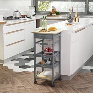 HOMCOM Mobile Rolling Kitchen Island Trolley Serving Cart with Underneath Drawer & Slide-Out Wire Storage Basket, Grey