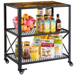 tajsoon serving cart, 3-tier rolling bar cart on wheels with mesh storage shelves, coffee cart with wheels, kitchen cart with steel frame, rolling serving cart for home, living room, rustic brown