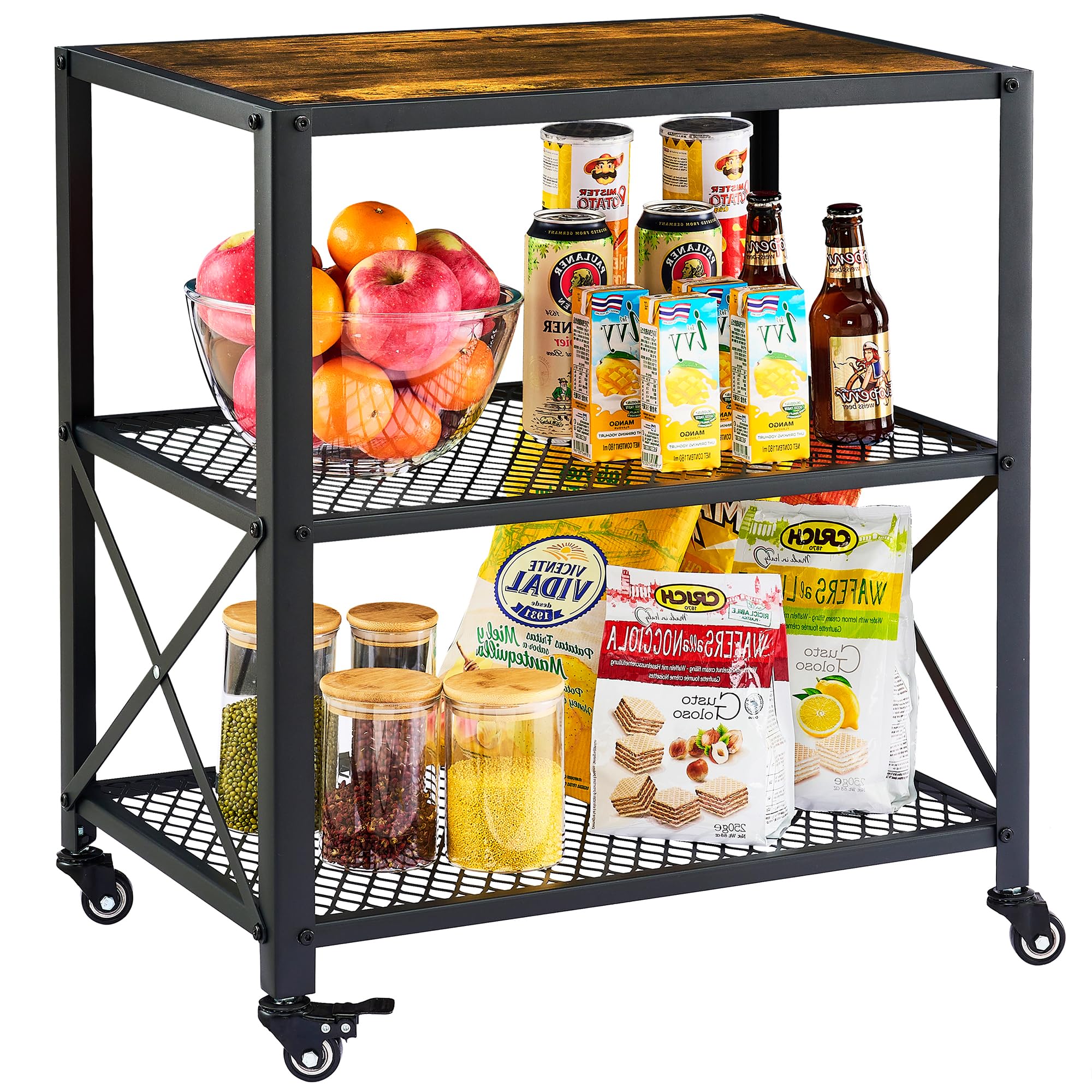 Tajsoon Serving Cart, 3-Tier Rolling Bar Cart on Wheels with Mesh Storage Shelves, Coffee Cart with Wheels, Kitchen Cart with Steel Frame, Rolling Serving Cart for Home, Living Room, Rustic Brown