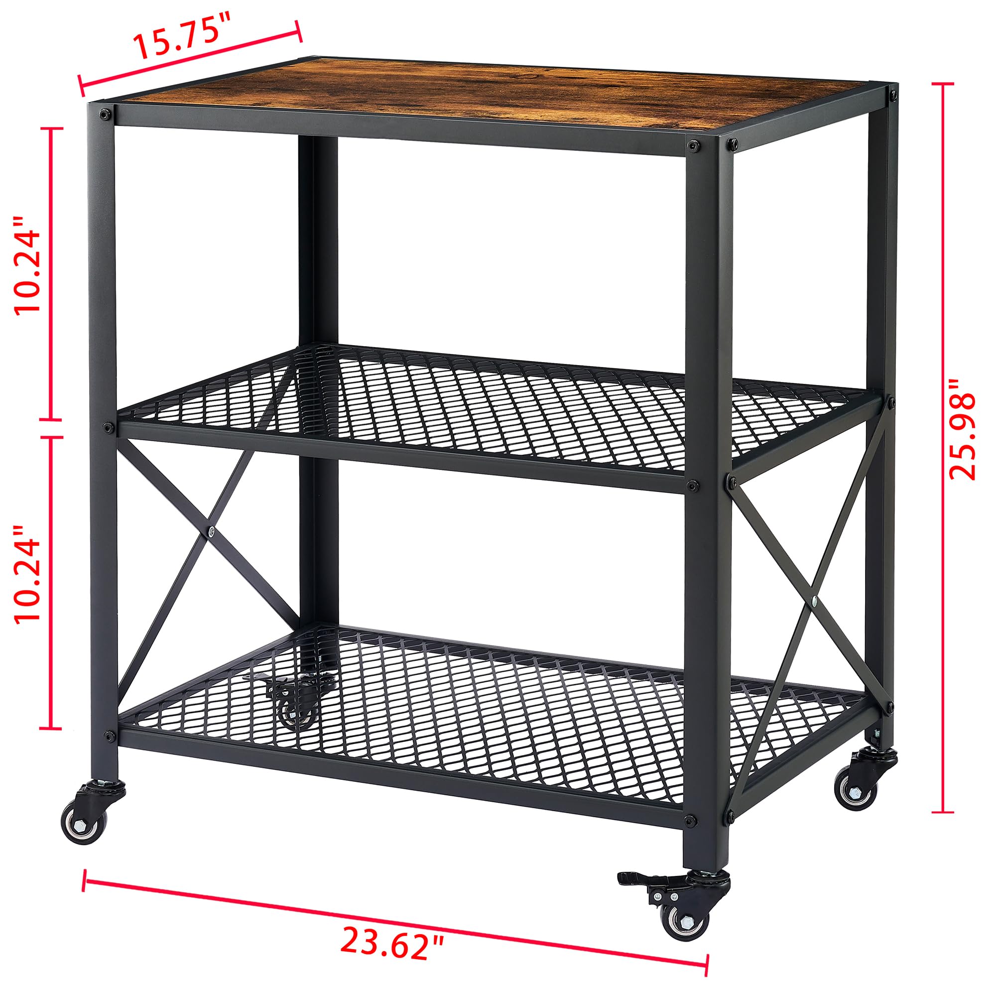 Tajsoon Serving Cart, 3-Tier Rolling Bar Cart on Wheels with Mesh Storage Shelves, Coffee Cart with Wheels, Kitchen Cart with Steel Frame, Rolling Serving Cart for Home, Living Room, Rustic Brown