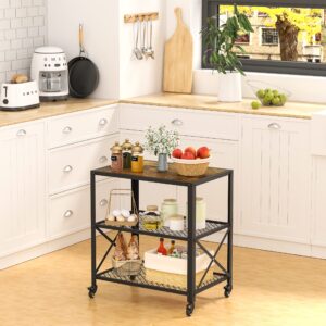 Tajsoon Serving Cart, 3-Tier Rolling Bar Cart on Wheels with Mesh Storage Shelves, Coffee Cart with Wheels, Kitchen Cart with Steel Frame, Rolling Serving Cart for Home, Living Room, Rustic Brown