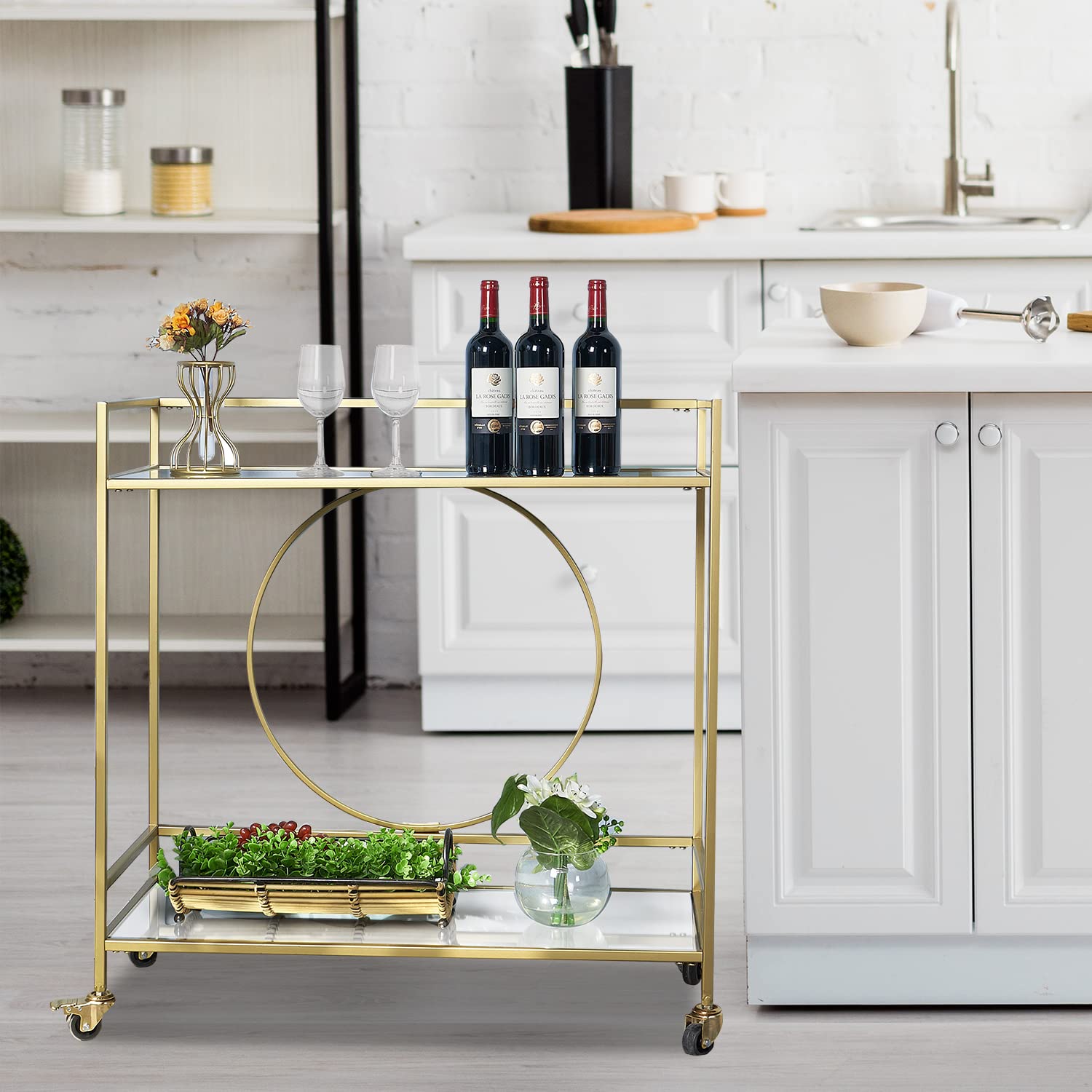 RiteSune Gold Mirror Rolling Serving Bar Cart on Lockable Wheels, Wine Drink Liquor Cart Stand for Home Kitchen Storage, Living Room, Club Party, Christmas, New Year