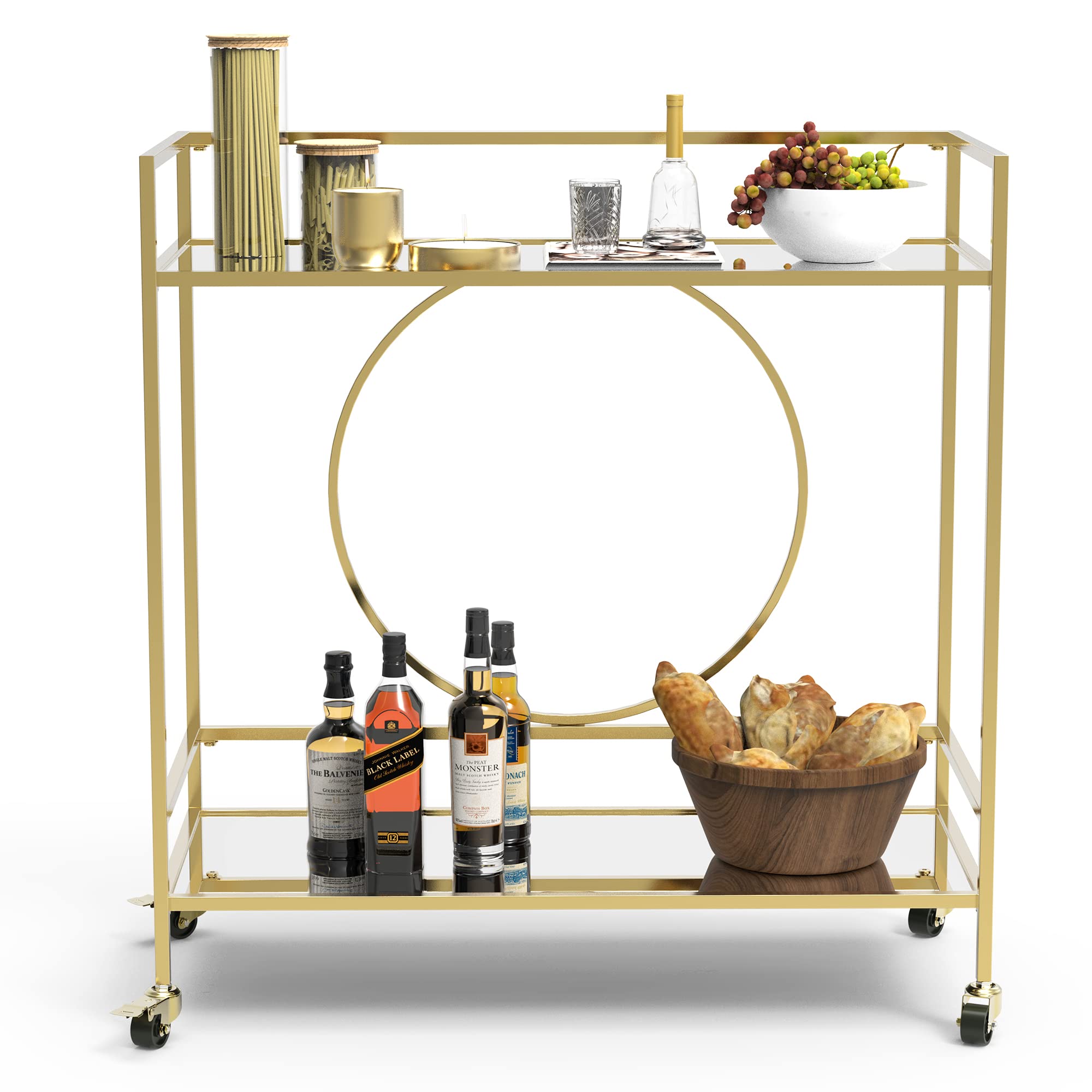 RiteSune Gold Mirror Rolling Serving Bar Cart on Lockable Wheels, Wine Drink Liquor Cart Stand for Home Kitchen Storage, Living Room, Club Party, Christmas, New Year