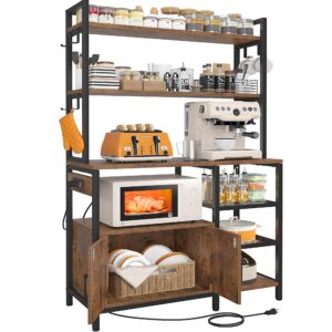enhomee bakers rack with storage cabinet coffee bar cabinet bakers rack with power outlet microwave stand with storage for kitchen, space saving, easy assembly