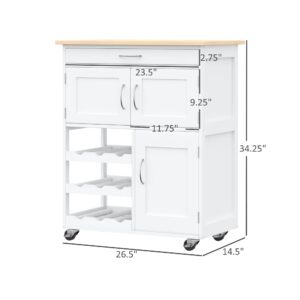 HOMCOM Bar Cart Rolling Kitchen Island on Wheels with 9-Bottle Wine Rack, Small Kitchen Cart with Wide Drawer, Kitchen Storage Cabinets, Wooden Countertop, White