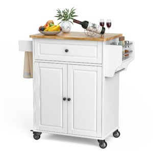 gizoon kitchen island cart with adjustable shelf, 35.8" w mobile trolley cart on metal wheels with drawer & storage cabinet, spice rack & towel rack, wooden countertop, for dining room, bar, white