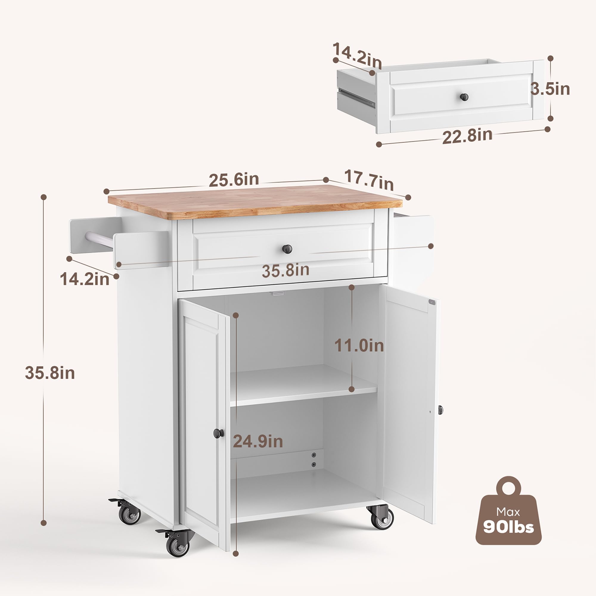 Gizoon Kitchen Island Cart with Adjustable Shelf, 35.8" W Mobile Trolley Cart on Metal Wheels with Drawer & Storage Cabinet, Spice Rack & Towel Rack, Wooden Countertop, for Dining Room, Bar, White