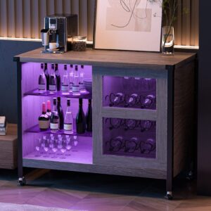 Wine Liquor Cabinet Bar for Home - Coffee Bar Cabinet with RGB Led Lights, Buffet Cabinets with Sliding Doors and Storage, Grey