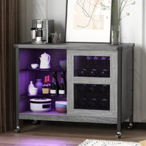 Wine Liquor Cabinet Bar for Home - Coffee Bar Cabinet with RGB Led Lights, Buffet Cabinets with Sliding Doors and Storage, Grey