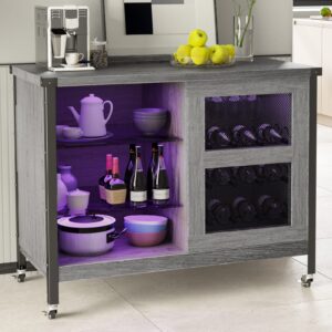 Wine Liquor Cabinet Bar for Home - Coffee Bar Cabinet with RGB Led Lights, Buffet Cabinets with Sliding Doors and Storage, Grey