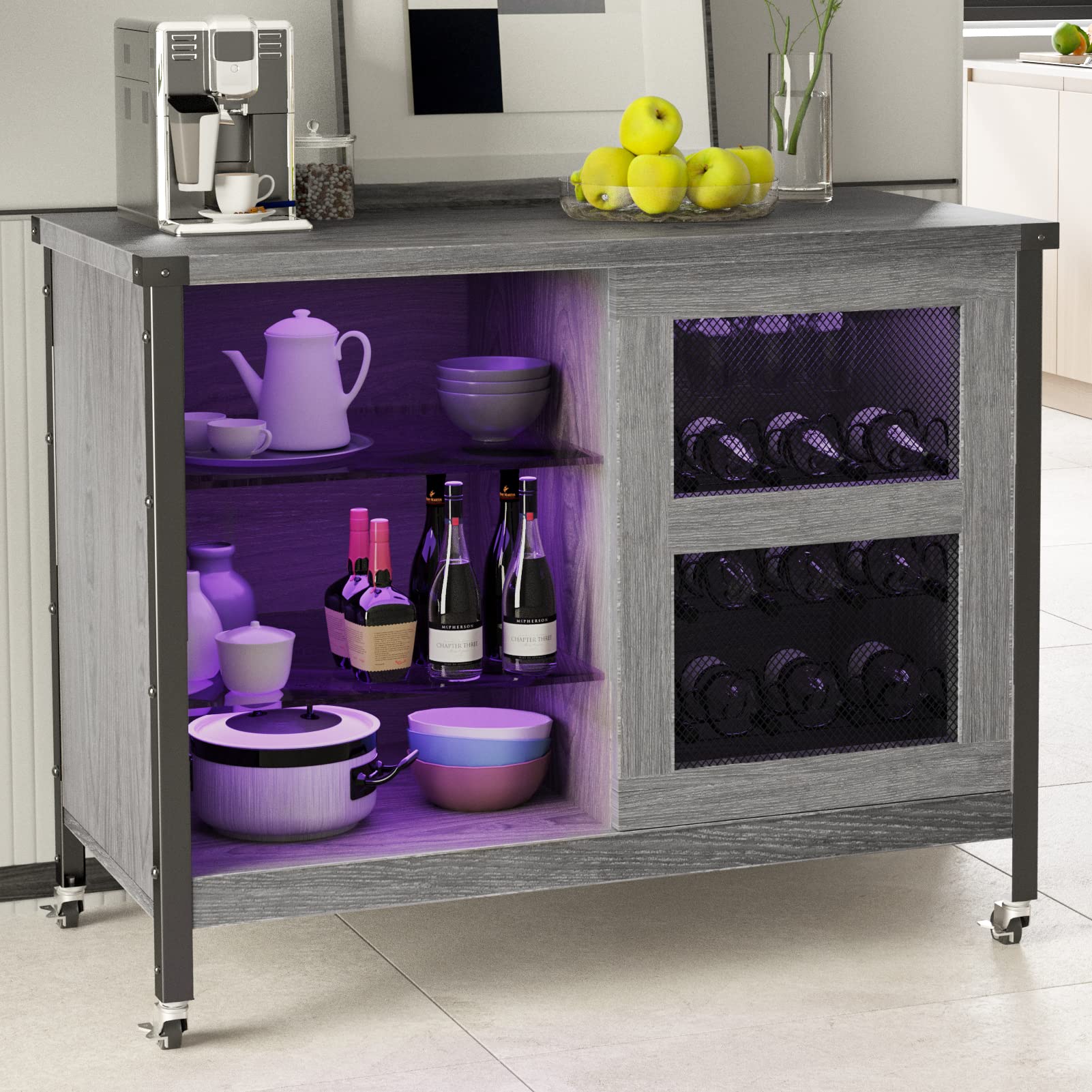 Wine Liquor Cabinet Bar for Home - Coffee Bar Cabinet with RGB Led Lights, Buffet Cabinets with Sliding Doors and Storage, Grey