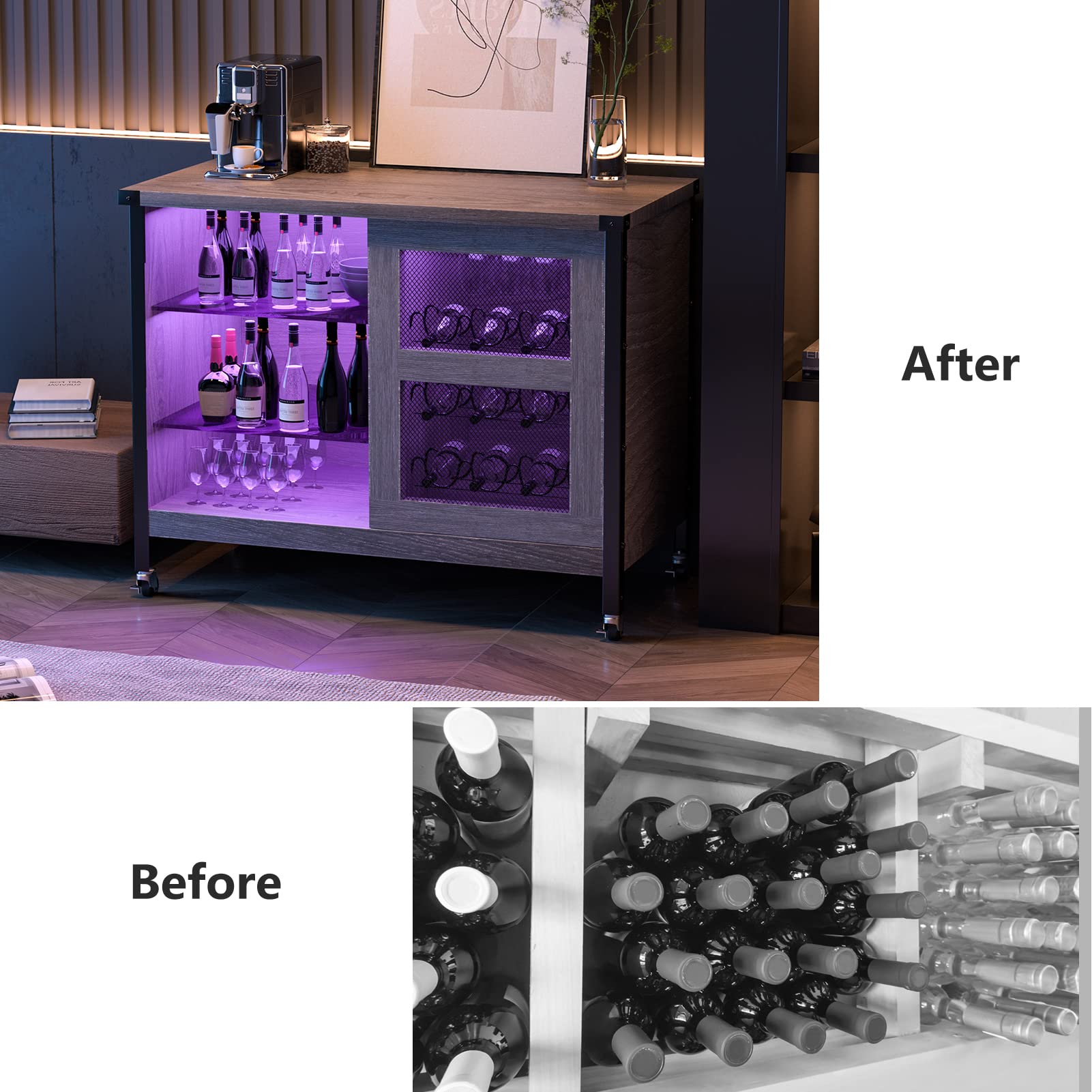 Wine Liquor Cabinet Bar for Home - Coffee Bar Cabinet with RGB Led Lights, Buffet Cabinets with Sliding Doors and Storage, Grey