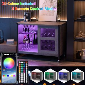 Wine Liquor Cabinet Bar for Home - Coffee Bar Cabinet with RGB Led Lights, Buffet Cabinets with Sliding Doors and Storage, Grey