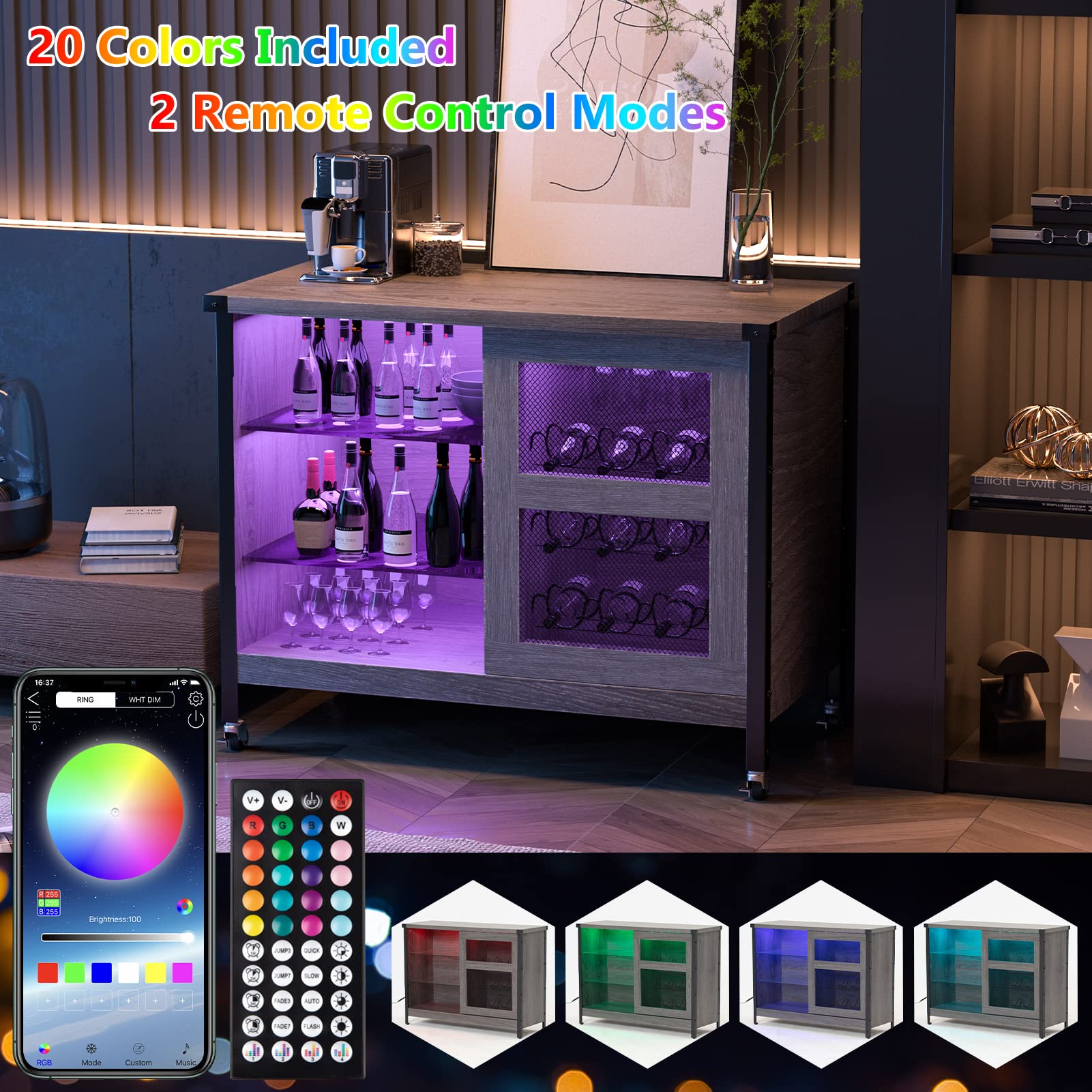 Wine Liquor Cabinet Bar for Home - Coffee Bar Cabinet with RGB Led Lights, Buffet Cabinets with Sliding Doors and Storage, Grey