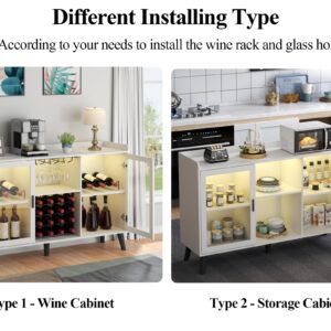 Auromie Wine Bar Cabinet with Led Light, Home Coffee Cabinet with Wine and Glass Rack, Kitchen Buffet Sideboard with Storage Shelves, Freestanding Liquor Cabinet for Living Room, Dining Room (White)