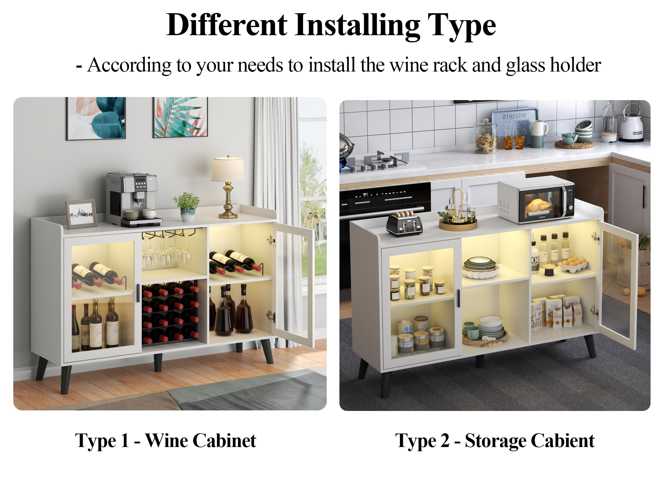 Auromie Wine Bar Cabinet with Led Light, Home Coffee Cabinet with Wine and Glass Rack, Kitchen Buffet Sideboard with Storage Shelves, Freestanding Liquor Cabinet for Living Room, Dining Room (White)