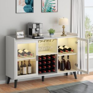 Auromie Wine Bar Cabinet with Led Light, Home Coffee Cabinet with Wine and Glass Rack, Kitchen Buffet Sideboard with Storage Shelves, Freestanding Liquor Cabinet for Living Room, Dining Room (White)