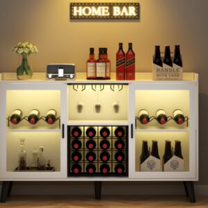 Auromie Wine Bar Cabinet with Led Light, Home Coffee Cabinet with Wine and Glass Rack, Kitchen Buffet Sideboard with Storage Shelves, Freestanding Liquor Cabinet for Living Room, Dining Room (White)