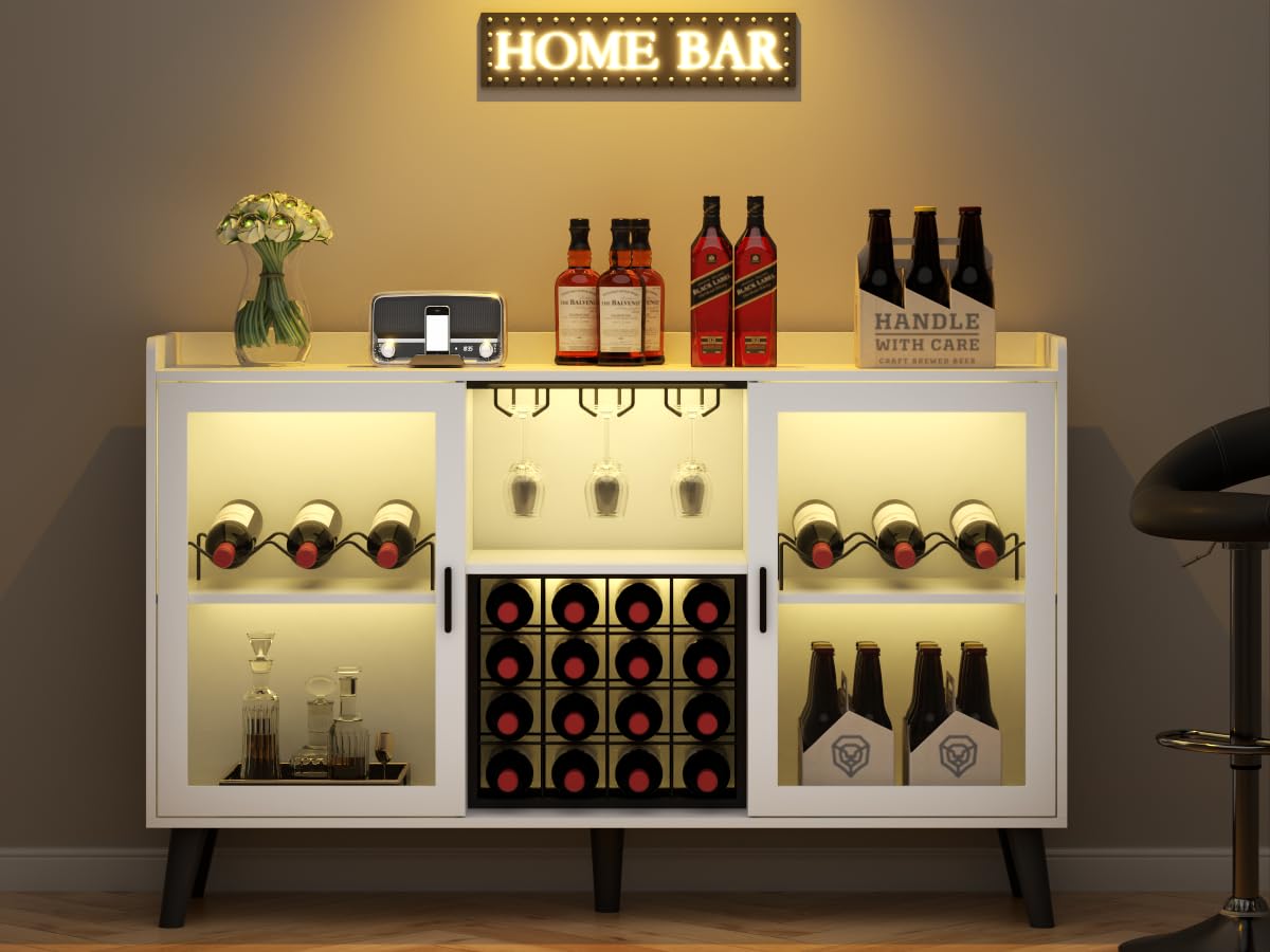 Auromie Wine Bar Cabinet with Led Light, Home Coffee Cabinet with Wine and Glass Rack, Kitchen Buffet Sideboard with Storage Shelves, Freestanding Liquor Cabinet for Living Room, Dining Room (White)