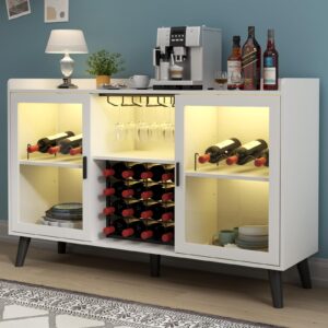 Auromie Wine Bar Cabinet with Led Light, Home Coffee Cabinet with Wine and Glass Rack, Kitchen Buffet Sideboard with Storage Shelves, Freestanding Liquor Cabinet for Living Room, Dining Room (White)