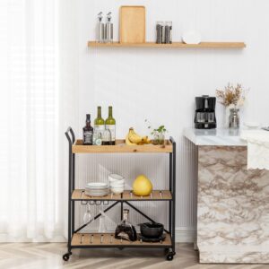 MELLCOM Folding Bar Cart Kitchen Serving Cart on Lockable Wheels 3-Tier Rolling Utility Cart with Glass Holders for Home Kitchen, Rustic Brown