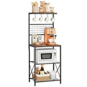 gewudraw kitchen bakers rack, microwave stand 4 tiers, kitchen storage rack with 4 hooks - rustic brown (no power outlets)