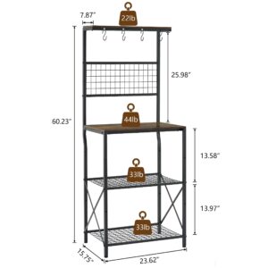 Gewudraw Kitchen Bakers Rack, Microwave Stand 4 Tiers, Kitchen Storage Rack with 4 Hooks - Rustic Brown (No Power Outlets)