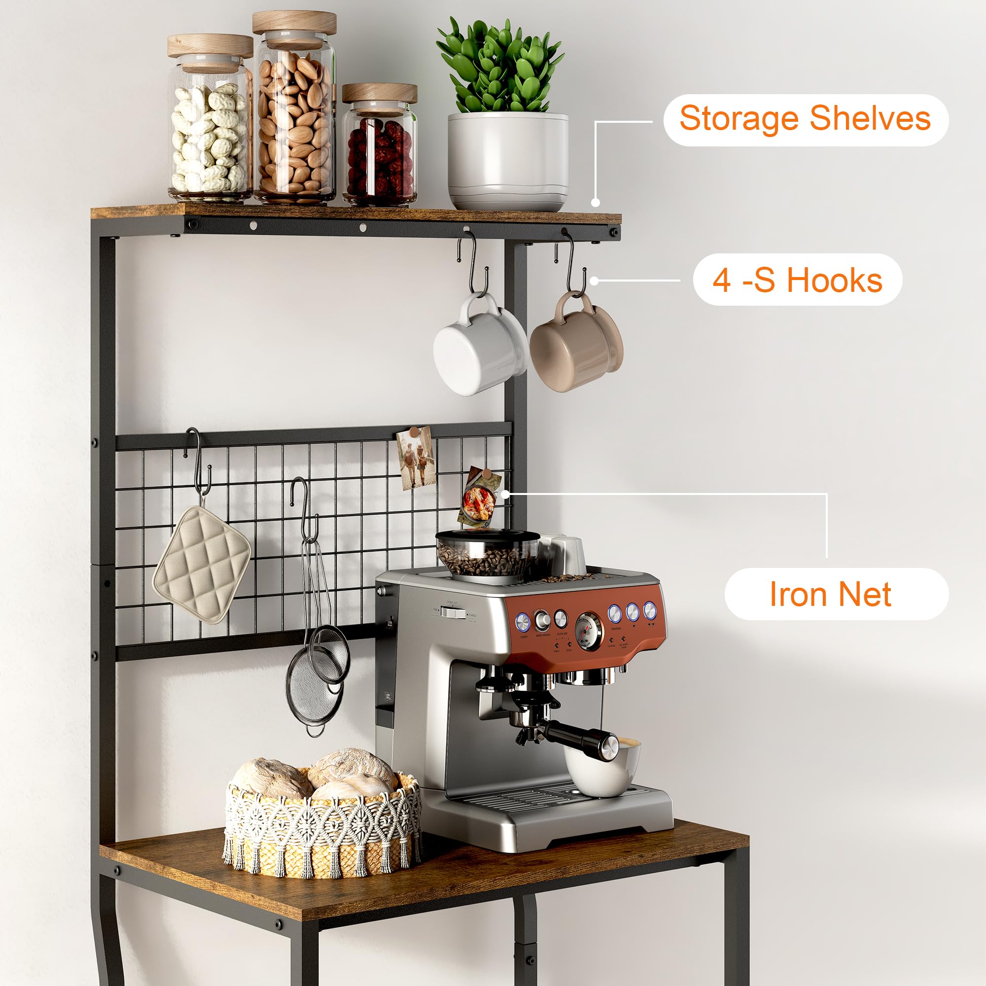 Gewudraw Kitchen Bakers Rack, Microwave Stand 4 Tiers, Kitchen Storage Rack with 4 Hooks - Rustic Brown (No Power Outlets)