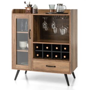 Giantex Bar Cabinet with Wine Rack, Coffee Bar Buffet Cabinet with Storage, Drawer, Glass Holder, Cupboard Wood Sideboard for Wine Bottle, Liquor, Farmhouse Kitchen Dining Room Furniture