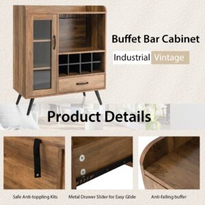 Giantex Bar Cabinet with Wine Rack, Coffee Bar Buffet Cabinet with Storage, Drawer, Glass Holder, Cupboard Wood Sideboard for Wine Bottle, Liquor, Farmhouse Kitchen Dining Room Furniture