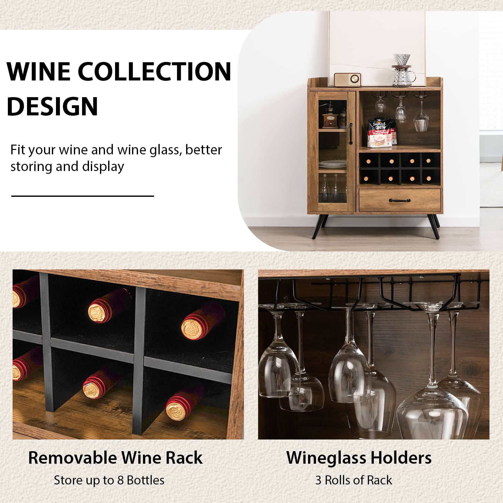 Giantex Bar Cabinet with Wine Rack, Coffee Bar Buffet Cabinet with Storage, Drawer, Glass Holder, Cupboard Wood Sideboard for Wine Bottle, Liquor, Farmhouse Kitchen Dining Room Furniture