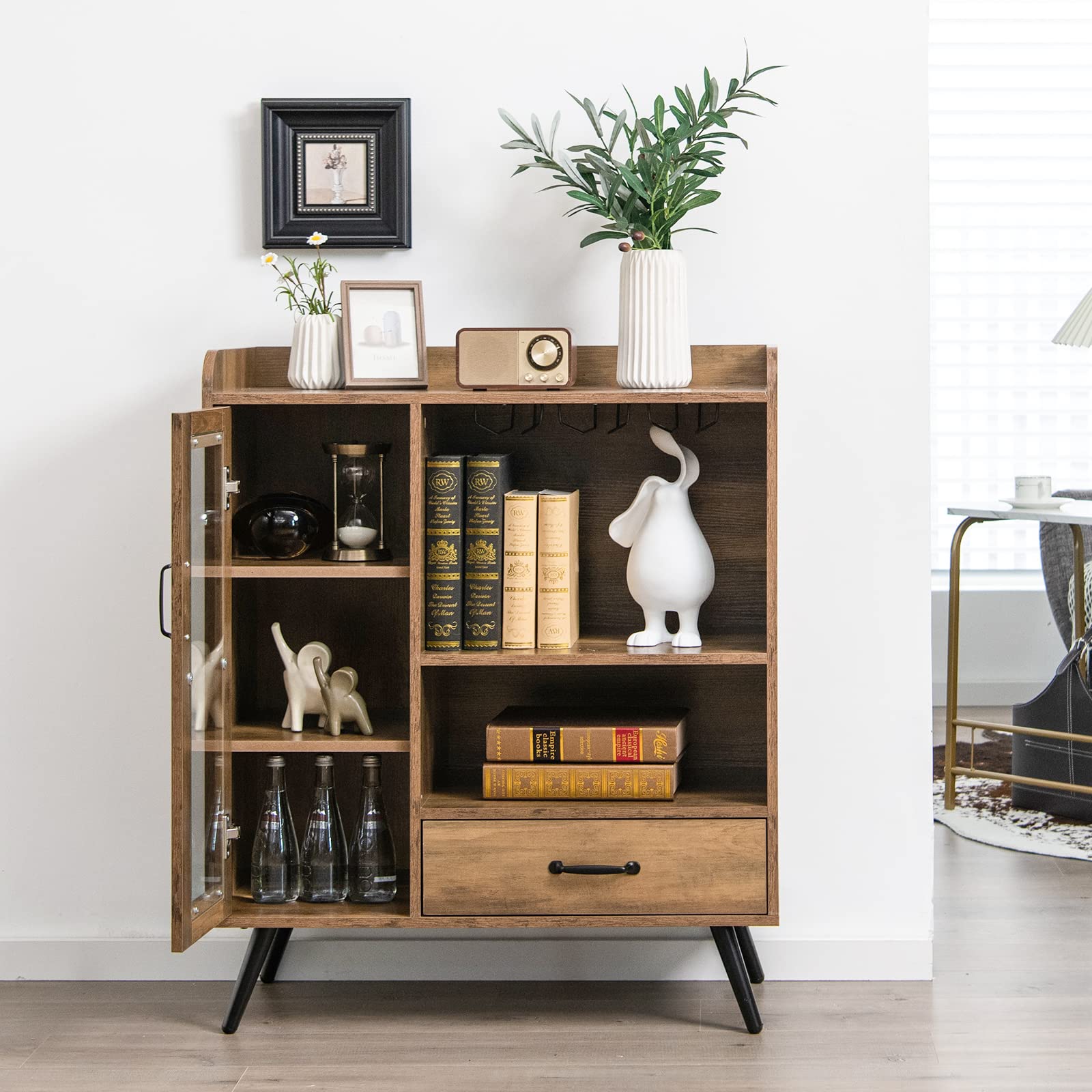 Giantex Bar Cabinet with Wine Rack, Coffee Bar Buffet Cabinet with Storage, Drawer, Glass Holder, Cupboard Wood Sideboard for Wine Bottle, Liquor, Farmhouse Kitchen Dining Room Furniture