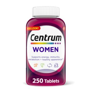 centrum multivitamin for women, multivitamin/multimineral supplement with iron, vitamin d3, b vitamins and antioxidant vitamins c and e, gluten free, non-gmo ingredients - 250 count