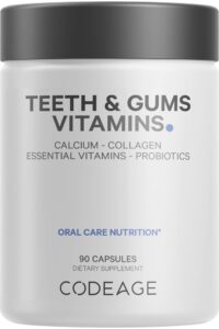 codeage teeth & gums vitamins + oral probiotics supplement for mouth - whole food calcium, collagen, potassium, vitamin c, d3, k2, zinc – oral care & dental multivitamin supplements - 90 capsules