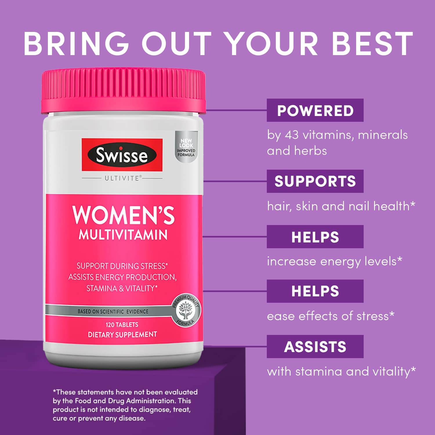 Swisse Daily Multivitamin for Women | 47 Vitamins, Antioxidants and Minerals + Adaptogens | Energy, Stress & Immune Support | Womens Multivitamin Supplement | 120 Tablets / 4 Months Supply