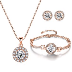 yooai jewellery set round pendant necklace earrings and bracelet set cubic zirconia jewellery for women round rose gold