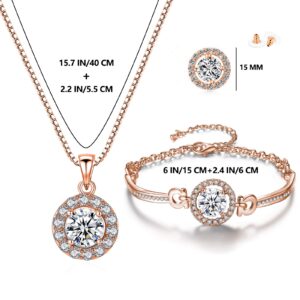 YooAi Jewellery Set Round Pendant Necklace Earrings and Bracelet Set Cubic Zirconia Jewellery for Women Round Rose Gold