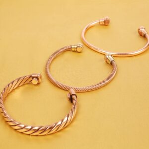 Touchstone copper magnetic bracelet tibetan style. hand forged with solid and high gauge pure copper. set of 3 different designs in twisted pipe braided wires style.