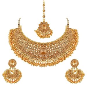 Efulgenz Indian Jewelry Sets for Women Gold Tone Indian Bollywood Traditional Crystal Pearl Wedding Choker Necklace Earrings Maang Tikka Jewelry Set Indian Bridal Jewelry