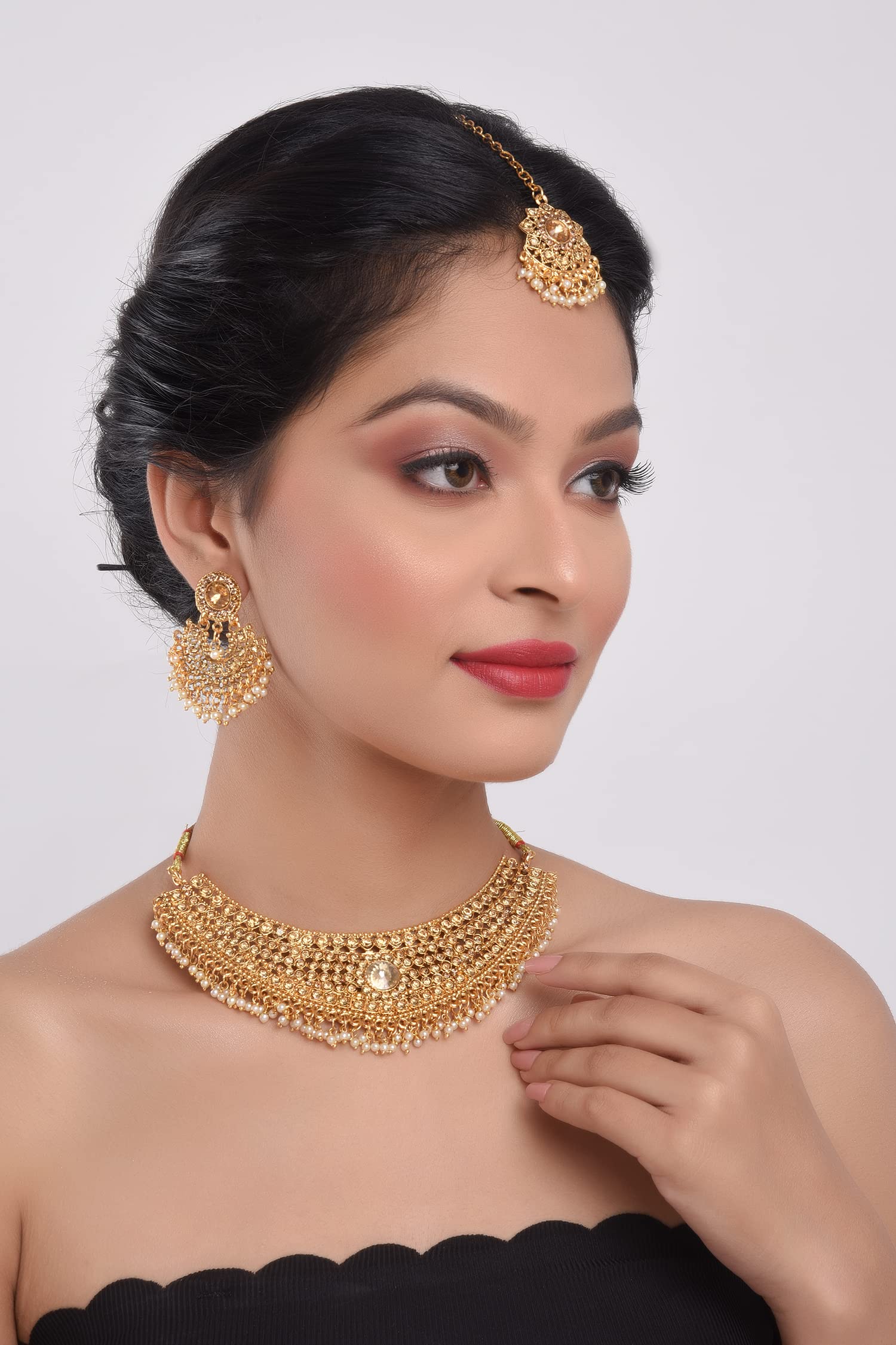 Efulgenz Indian Jewelry Sets for Women Gold Tone Indian Bollywood Traditional Crystal Pearl Wedding Choker Necklace Earrings Maang Tikka Jewelry Set Indian Bridal Jewelry