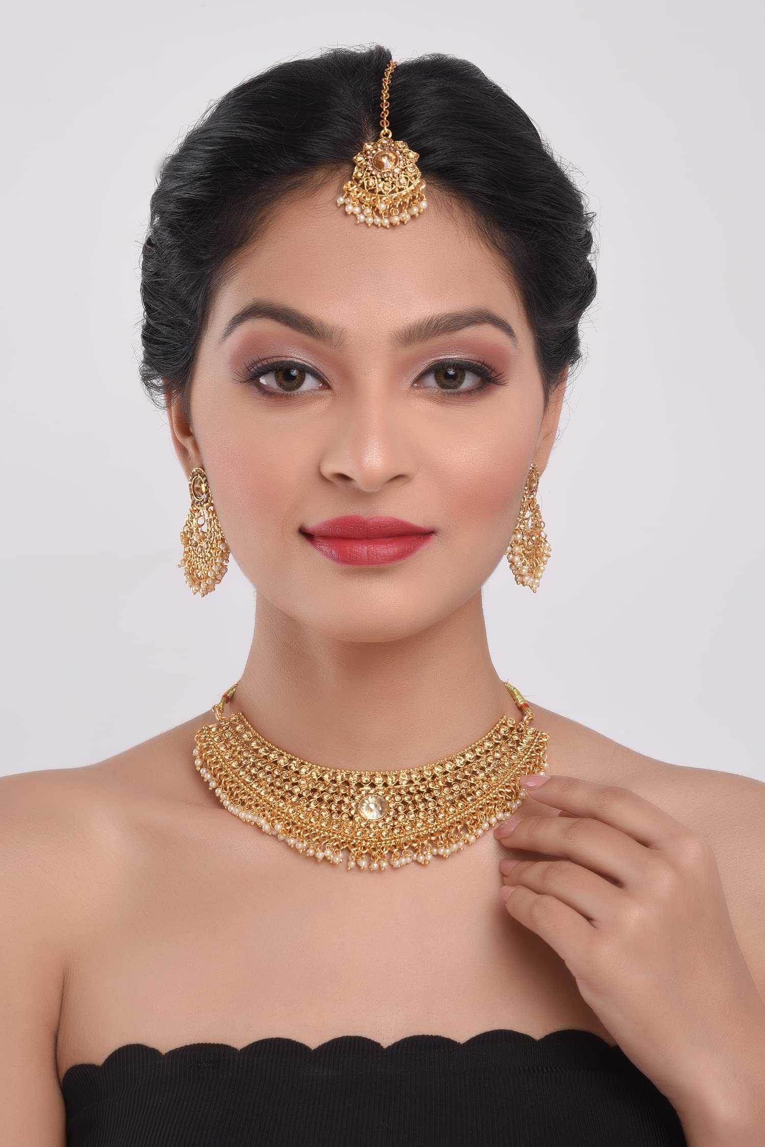 Efulgenz Indian Jewelry Sets for Women Gold Tone Indian Bollywood Traditional Crystal Pearl Wedding Choker Necklace Earrings Maang Tikka Jewelry Set Indian Bridal Jewelry