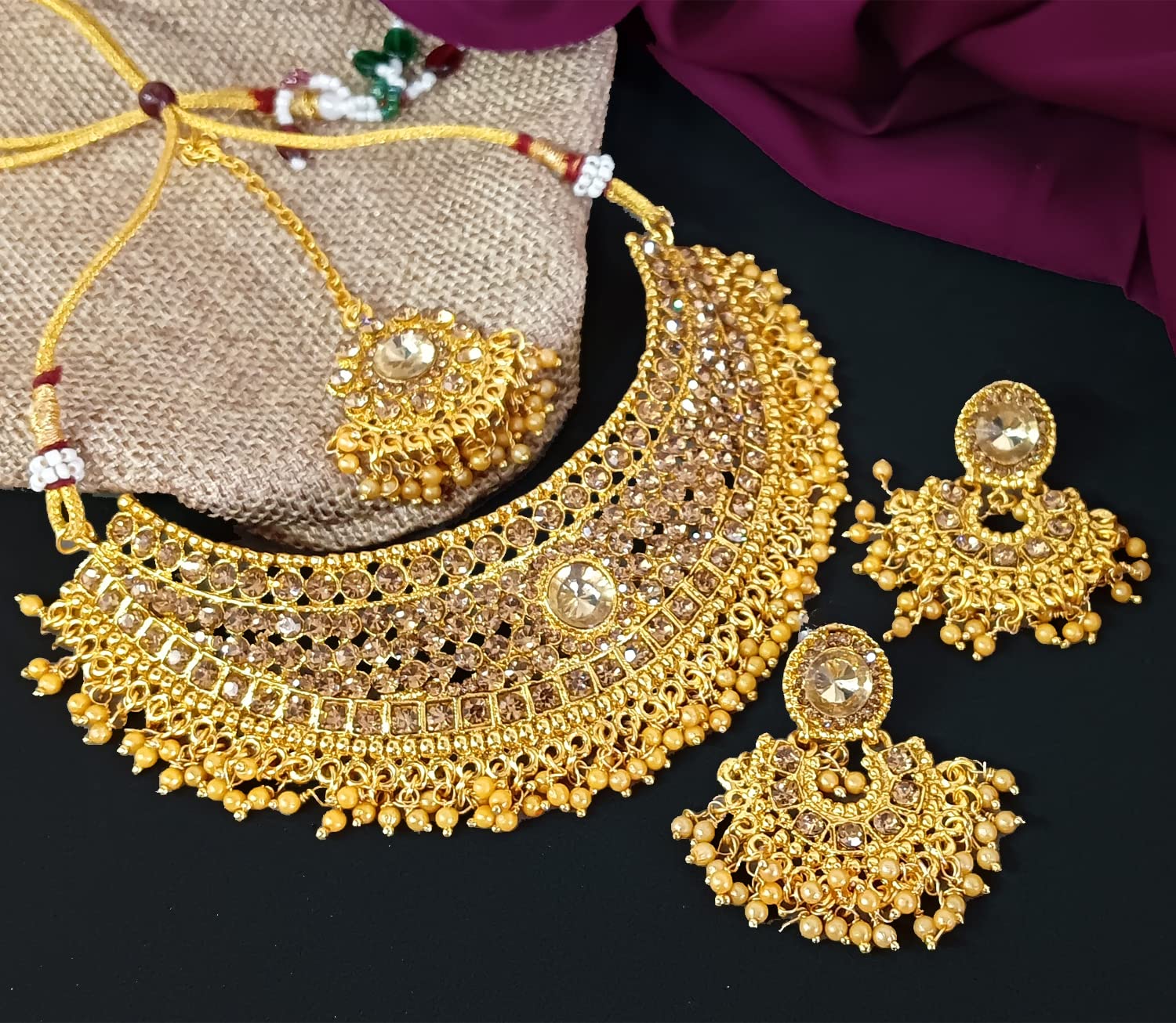 Efulgenz Indian Jewelry Sets for Women Gold Tone Indian Bollywood Traditional Crystal Pearl Wedding Choker Necklace Earrings Maang Tikka Jewelry Set Indian Bridal Jewelry