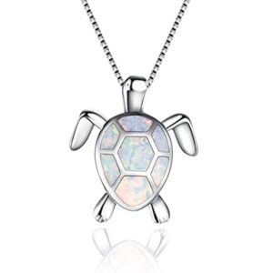 hithop cute turtle pendant necklace lovely animals white fire opal plated silver necklace jewellery gifts (white)