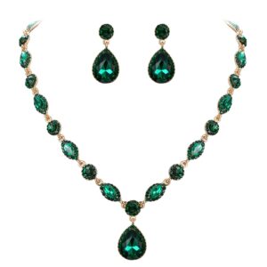 elequeen women's wedding bridal jewelry set for brides bridesmaids, crystal teardrop necklace dangle earrings jewellery for party prom emerald color