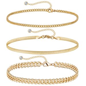 DEARMAY Gold Anklets for Women Waterproof Ankle Bracelets for Women 14K Gold Plated Cuban Link Anklet Bracelets for Women Layered Herringbone Cute Anklets Set Jewelry Gift for Women Teen