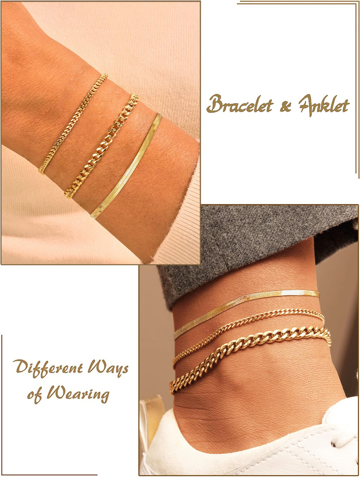 DEARMAY Gold Anklets for Women Waterproof Ankle Bracelets for Women 14K Gold Plated Cuban Link Anklet Bracelets for Women Layered Herringbone Cute Anklets Set Jewelry Gift for Women Teen