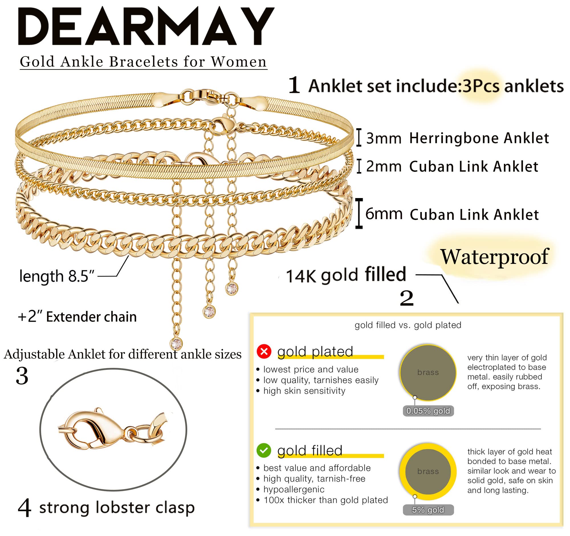 DEARMAY Gold Anklets for Women Waterproof Ankle Bracelets for Women 14K Gold Plated Cuban Link Anklet Bracelets for Women Layered Herringbone Cute Anklets Set Jewelry Gift for Women Teen