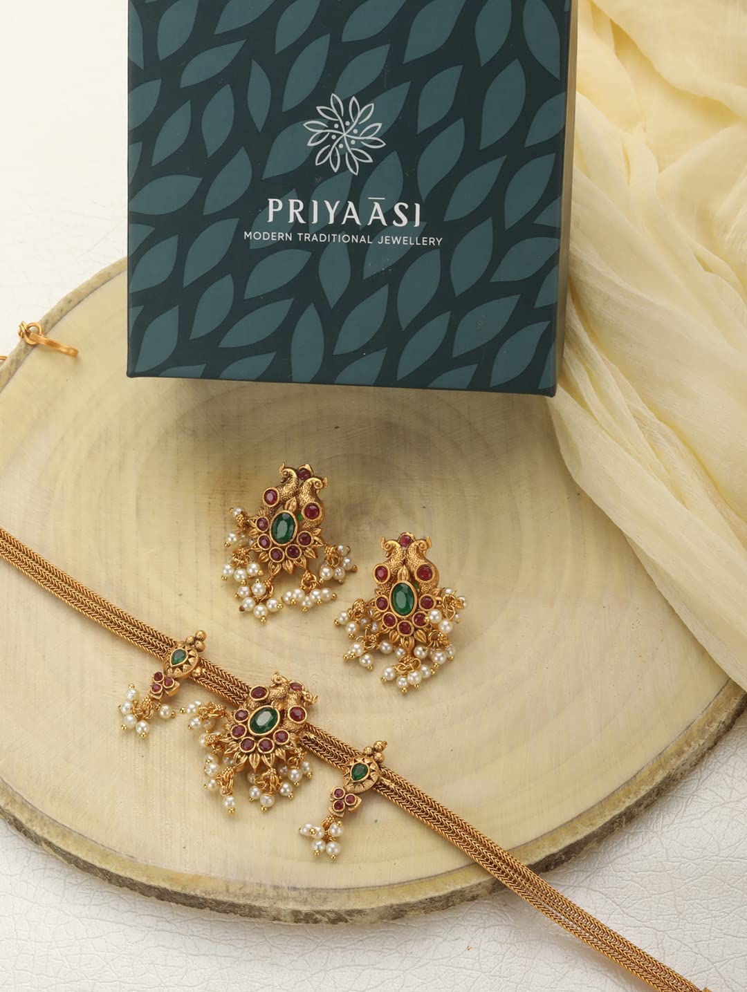 Priyaasi Indian Choker Jewelry Set for Women | Festive Kemp Stone Jewellery | Peacock-Inspired Design | Gold-Plated | Brass Metal | Pearl Drop | Indian Bridal Jewelry Set for Wedding