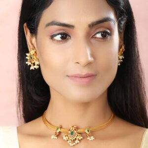 Priyaasi Indian Choker Jewelry Set for Women | Festive Kemp Stone Jewellery | Peacock-Inspired Design | Gold-Plated | Brass Metal | Pearl Drop | Indian Bridal Jewelry Set for Wedding